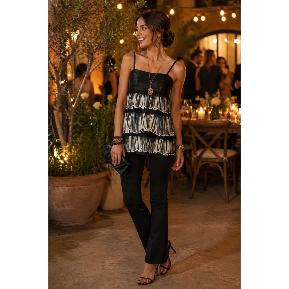 Cabi 729 Silk Tiered Camisole Top Abstract Print Black White Size 6